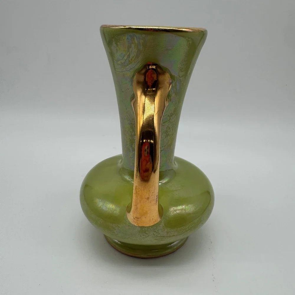 Vintage Pearl China Co Iridescent Green Lustre Vase 22k Gold USA 6x4.5